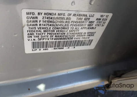 2013 Honda Ridgeline Rts from USA, damaged, VIN 5FPYK1F40DB002830